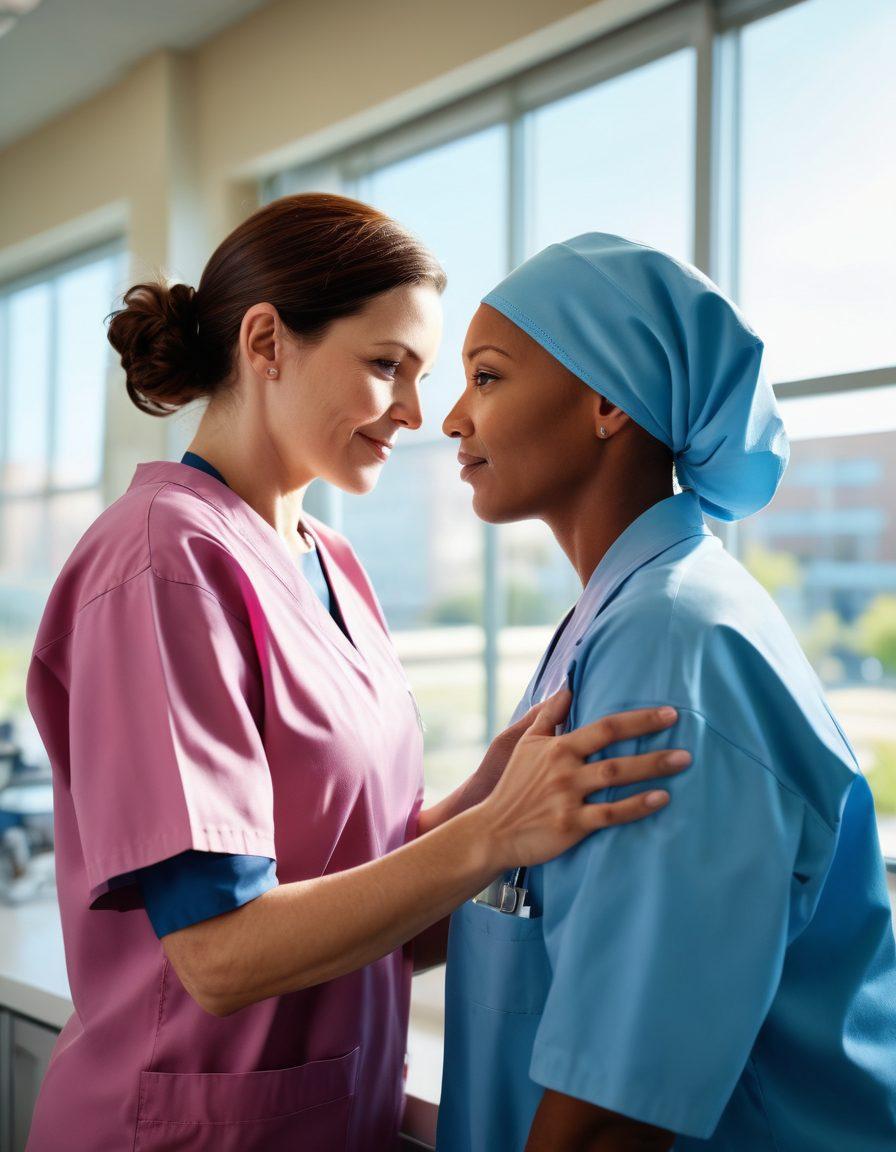 A compassionate nurse comforting a cancer survivor with a backdrop of a cancer research lab showcasing advanced equipment. Soft sunlight filters through the window, symbolizing hope and resilience. Include elements like a supportive family and diverse community members celebrating victory over cancer. Convey a sense of empowerment and inspiration. vibrant colors. super-realistic.