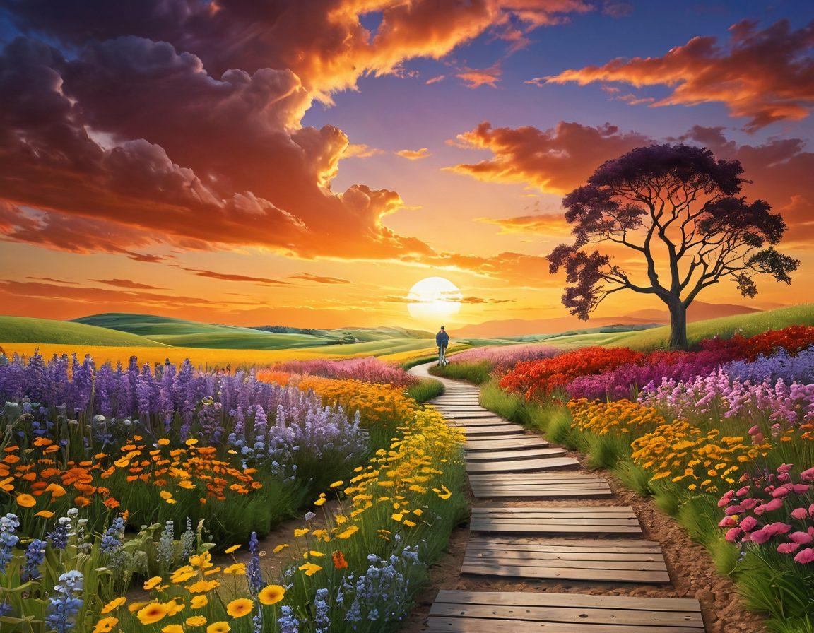 A serene landscape symbolizing a journey, with a winding path leading through vibrant fields representing hope and growth. Incorporate elements of a microscope and DNA strand intertwined with blooming flowers, signifying advancements in cancer research. Include silhouettes of diverse people conversing and supporting each other, illustrating patient advocacy. The sky should be a blend of warm sunset colors, representing optimism and resilience. super-realistic. vibrant colors. 3D.